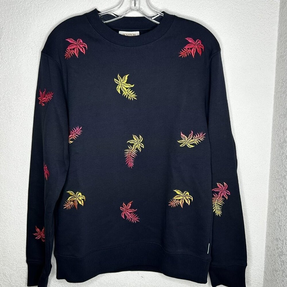 Scotch & Soda Sweatshirt Mens Small Navy Tropical Palm Embroidered Crewneck
